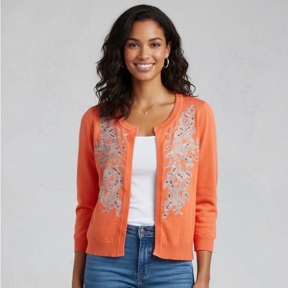 INC International Concepts Jackets & Blazers - INC International Concepts Sherbet Orange‎ Silver Beaded Embroidered Bolero